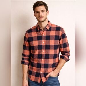 Express Men's Bold Orange and Navy Plaid Shirt